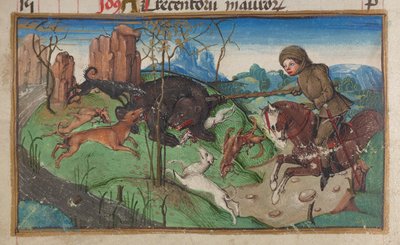 (detail) van een miniatuur van een edelman bezig met berenjacht, van de kalenderpagina voor oktober, ca. 1475-1485 door German School