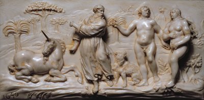 Detail van een plaquette van een Zuid-Duits Kunstcabinet, die Adam en Eva afbeeldt door German School