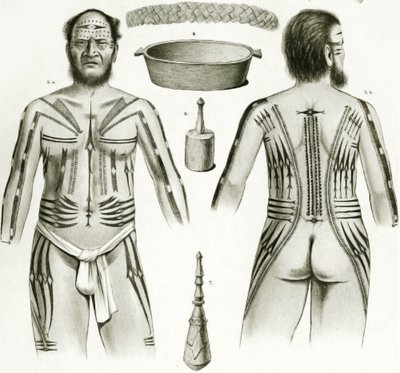 Diagram van verschillende Polynesische artefacten en tatoeageontwerpen, 1888 door German School
