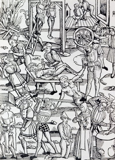Verschillende vormen van straf gebruikt in Duitsland in 1500 voor verschillende misdaden, Gravure, Duitsland door German School
