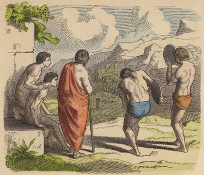 Discuswerpen in het oude Griekenland (gekleurde gravure) door German School