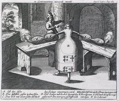 Destillatie van salpeterzuur (Aqua fortis of scheidingszuur) in een ijzeren man met twee neuzen door German School