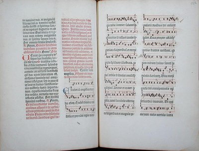 Dubbele pagina met een gregoriaans gezang uit een incunabel, uit het Missale Romanum, ca. 1482 door German School