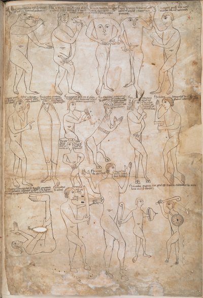 Tekeningen van de zeventien monsterlijke rassen, waaronder reuzen, pygmeeën, blemmyae en donestre, illustratie uit 