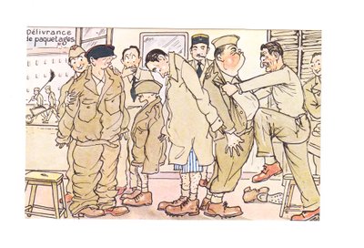 Edwardiaanse humoristische ansichtkaart van nieuwe rekruten onderzocht op een legerstation, ca. 1910 (kleur litho) door German School