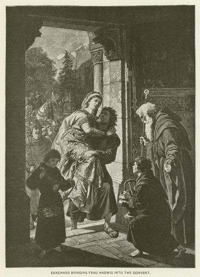 Ekkehard brengt Frau Hadwig naar het klooster (gravure) door German School
