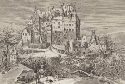 Eltz Kasteel, in de heuvels boven de Moezelrivier, Duitsland, zoals het eruitzag aan het einde van de 16e eeuw door German School