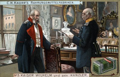 Keizer Wilhelm I van Duitsland en Pruisen (1797-1888) en kanselier Otto von Bismarck (1815-1898) bespreken politieke kwesties. Chromolithografie, eind 19e eeuw. door German School