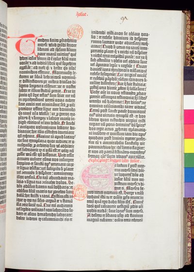Einde van de Pentateuch en begin van het boek Jozua, uit de Gutenberg Bijbel, gedrukt door Johannes Gutenberg (c.1400-68) & Peter Schoeffer (1425-1502) in Mainz, 1454-56 door German School