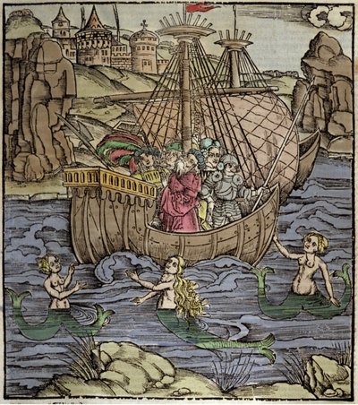 Eneide van Vergilius (70 v.Chr.-19 v.Chr.), de Trojaanse held Eneas en zijn metgezellen steken een zee vol sirenen over. Houtsnede door Sebastian Brant (1458-1521). Straatsburg door German School