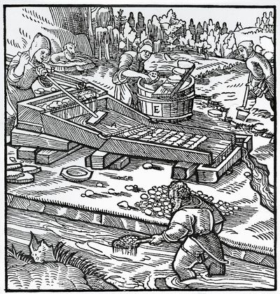 Gravure uit De re metallica (Over de aard van metalen), door Georg Pawer of Georgius Agricola (1494-1555) door German School