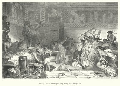 Vermaak na de maaltijd op een Romeins feest (gravure) door German School