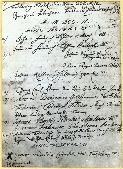 Inschrijving in de Halle University records, met de naam van Handel, 1702 door German School