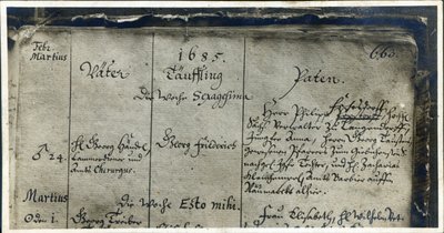 Inschrijving van Händels Doop uit het Kerkregister van Marktkirche, Halle, Duitsland, 1685 door German School
