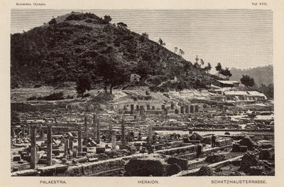 Opgraving van de site van het oude Olympia, Griekenland: de Palaestra, de Tempel van Hera en de Schatkamers (gravure) door German School