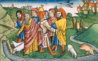 Exodus 17:1-7 Mozes laat water stromen uit de rotsen van Horeb, uit de Neurenbergse Bijbel (Biblia Sacra Germanaica) door German School