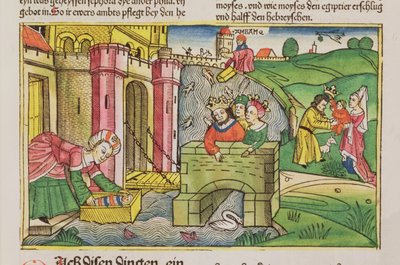 Exodus 2:1-6 Mozes wordt de Nijl afgedreven en ontdekt door een van de vrouwen van de farao, uit de Neurenbergse Bijbel (Biblia Sacra Germanaica) door German School
