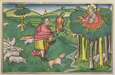 Exodus 3:1-22 De brandende braamstruik, en Exodus 4:1-4 God bewapent Mozes met de wonderbaarlijke staf, uit de Neurenbergse Bijbel (Biblia Sacra Germanaica) door German School