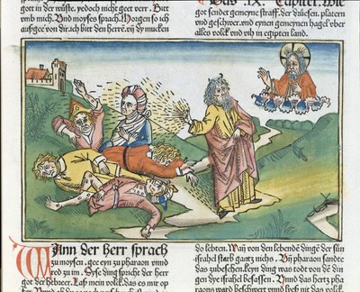 Exodus 9:8-12 De zeven plagen van Egypte: Mozes en de plaag van zweren, uit de Neurenbergse Bijbel (Biblia Sacra Germanaica) door German School