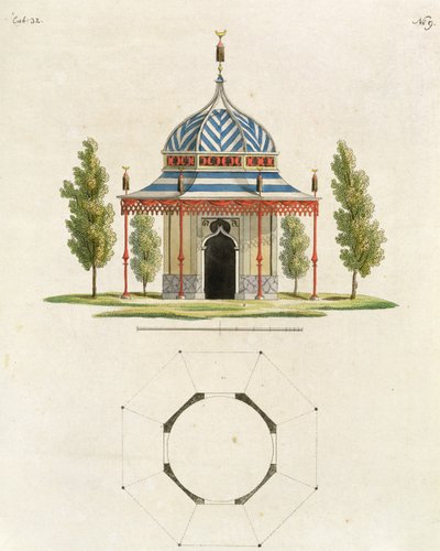 Exterieur van een Chinese tuin tempel, uit Recent New Ideas for the Garden, gepubliceerd 1779 door German School
