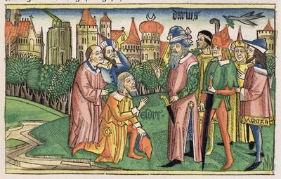 Ezra 6:16 De tempel van Jeruzalem wordt ingewijd door koning Darius, uit de Neurenbergse Bijbel (Biblia Sacra Germanaica) door German School