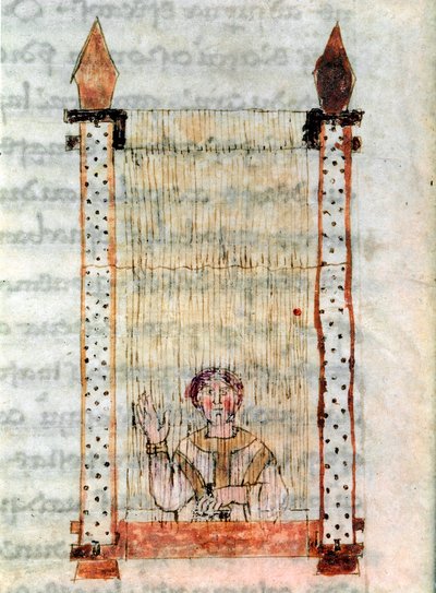 Weefwerk. Een weverij. Miniatuur uit het manuscript 