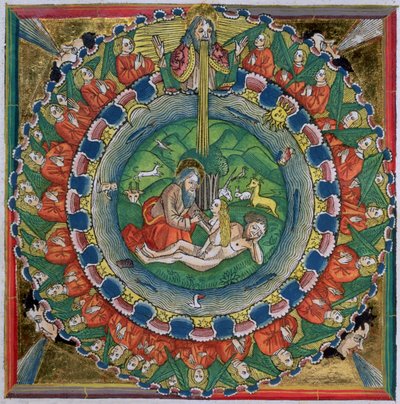 Facsimile kopie van Genesis 2:22 God schiep Eva, uit de Neurenbergse Bijbel (Biblia Sacra Germanaica) door German School
