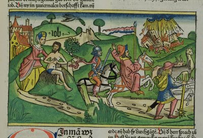 Facsimile kopie van Job: Frontispice, Job wordt berispt door zijn vrouw, zijn huis en familie vernietigd door een orkaan en zijn vee gestolen, uit de Neurenbergse Bijbel (Biblia Sacra Germanaica) door German School