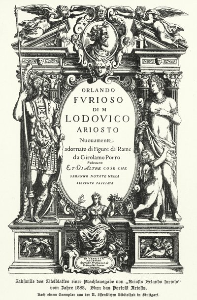 Facsimile van de titelpagina van een editie uit 1583 van de Italiaanse dichter Ludovico Ariosto