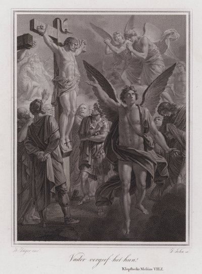 Vader vergeef hen! Christus aan het kruis (gravure) door German School