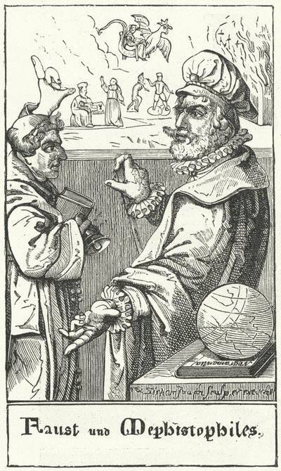 Faust en Mephistopheles (gravure) door German School