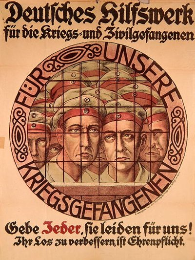 Eerste Wereldoorlog Poster die Duitsers aanspoort geld te geven om Duitse krijgsgevangenen te helpen door German School