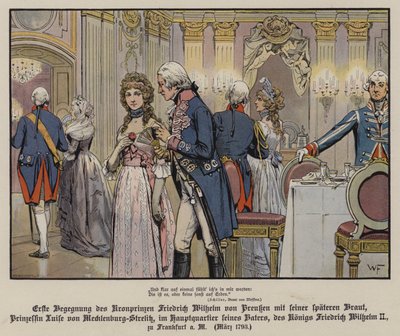 Eerste ontmoeting van Kroonprins Frederik Willem van Pruisen en zijn toekomstige bruid, Prinses Louise van Mecklenburg-Strelitz op het hoofdkwartier van zijn vader, Koning Frederik Willem II, in Frankfurt door German School