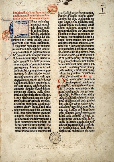Eerste pagina van de Bijbel in het Latijn (vulgata) van Gutenberg, voorbereid in Mainz 1452 - 1454. Het begin van de brief van Sint Hiëronymus aan de priester Paulinus over alle boeken van de Heilige Schrift door German School