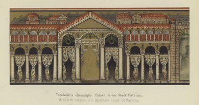 Voormalig paleis van Theoderik de Grote, koning van de Ostrogoten, in Ravenna, Italië (kleur litho) door German School