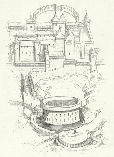 Verdedigingswerken van Carcassonne, Frankrijk (gravure) door German School