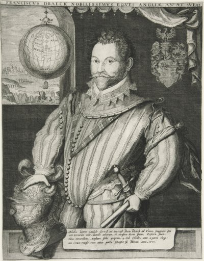 Francis Drake, pub. 19e eeuw (gravure) door German School