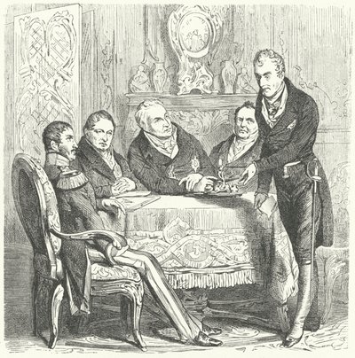 Frederik Willem III van Pruisen in gesprek met zijn premier Karl August von Hardenberg en Klemens von Metternich, de Oostenrijkse minister van Buitenlandse Zaken (gravure) door German School