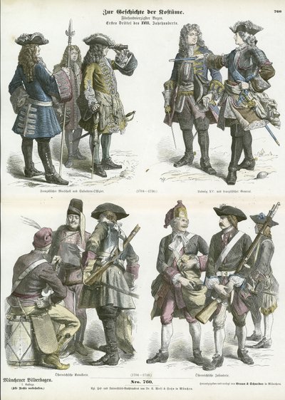 Franse en Oostenrijkse militaire uniformen, begin 18e eeuw door German School