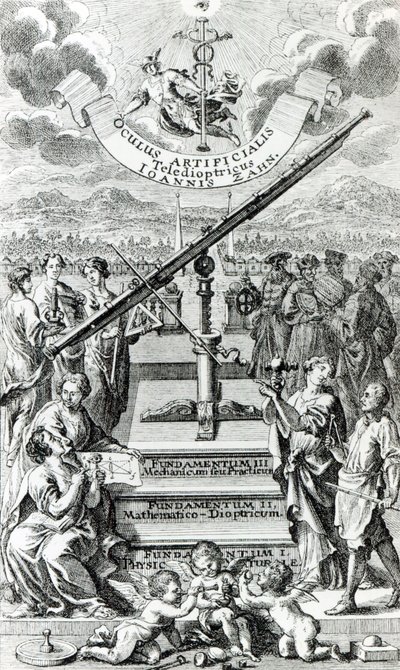 Frontispice van Oculus Artificialis Teledioptricus Sive Telescopium door Johann Zahn, 2e editie gepubliceerd in 1702 door German School