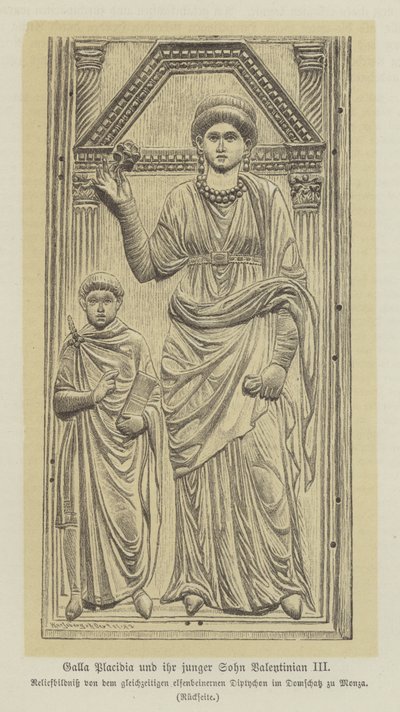 Galla Placidia, dochter van de Romeinse keizer Theodosius I, en haar zoon, Valentinianus III (gravure) door German School