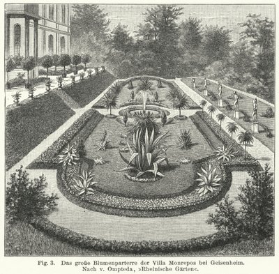 Tuinontwerp: groot parterre bij Monrepos, landgoed van bankier en amateurastronoom Heinrich Eduard von Lade, Geisenheim, Duitsland (gravure) door German School