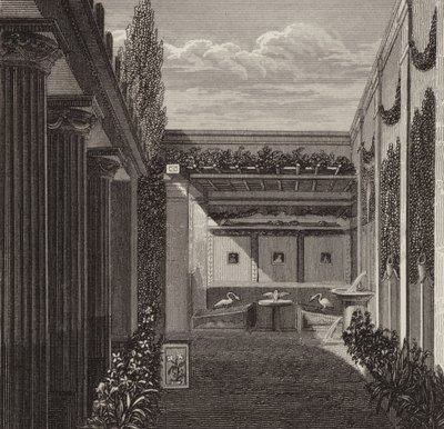 Tuin van een Romeins huis. Illustratie voor Bilder-Atlas door German School