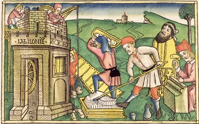 Genesis 11:1-9 De bouw van de Toren van Babel, uit de Neurenbergse Bijbel (Biblia Sacra Germanaica) door German School