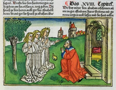 Genesis 18:2 Abraham en de drie engelen, uit de Neurenbergse Bijbel (Biblia Sacra Germanaica) door German School