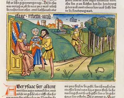 Genesis 27:6-29 Jakob krijgt Isaaks zegen, uit de Neurenbergse Bijbel (Biblia Sacra Germanaica) door German School