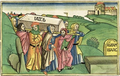 Genesis 49:28-33 De begrafenis van Jakob, uit de Neurenbergse Bijbel (Biblia Sacra Germanaica) door German School