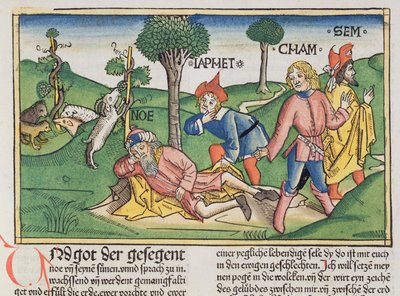 Genesis 9:20-27 Noach bedekt met een mantel door zijn zonen Sem, Cham en Jafeth, uit de Neurenbergse Bijbel (Biblia Sacra Germanaica) door German School