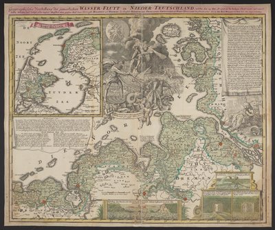 Geografische voorstelling van de ellendige watervloed in Neder-Duitsland, die plaatsvond op 25 december 1717, ca. 1718 door German School