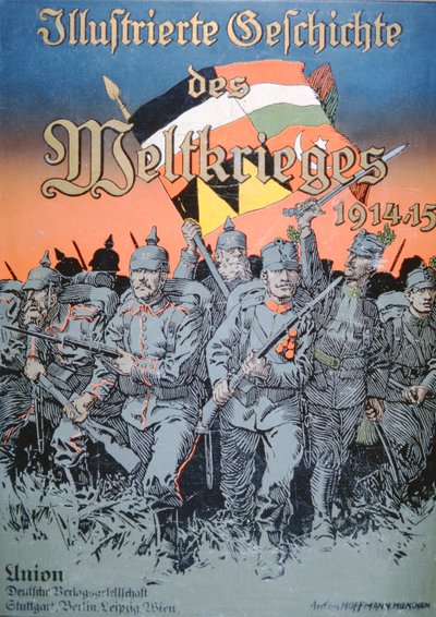 Duitse & Oostenrijks-Hongaarse troepen marcheren schouder aan schouder, omslag van het Geïllustreerde Boek van de Wereldoorlog 1914-15 door German School